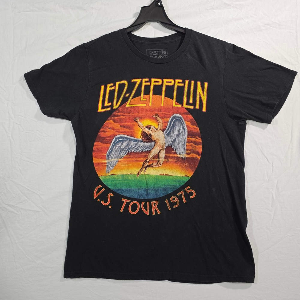 Led Zeppelin U.S. Tour 1975 Graphic T-Shirt Large Black Cotton Rock Band Icarus